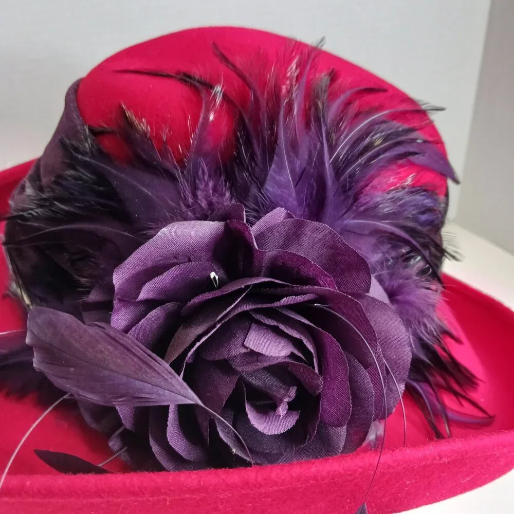 Vintage Derby Hat Fascinator Church Formal Wool Hat Red Purple - Picture 4 of 14